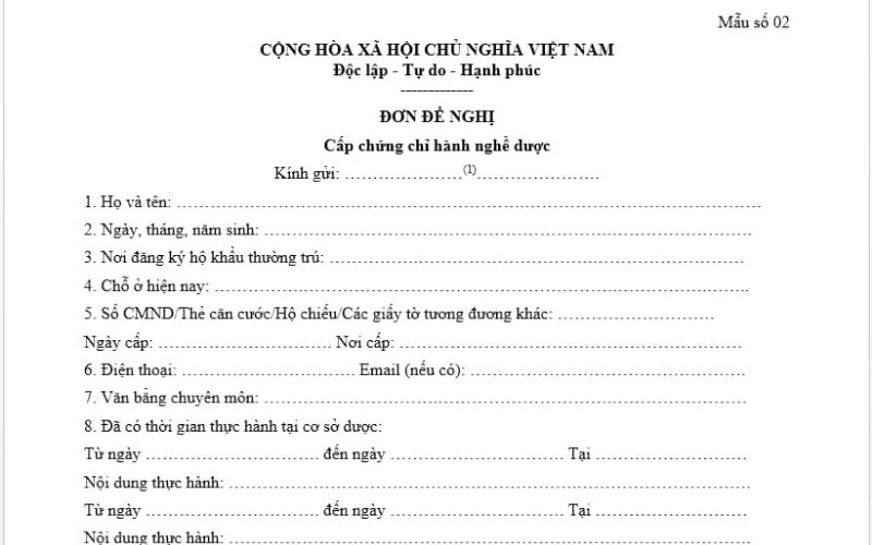 mẫu đơn xin cấp chứng chỉ hành nghề dược