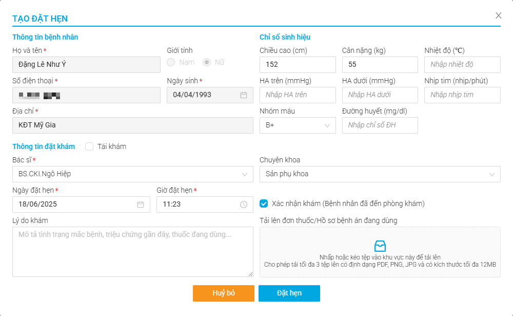 Form đặt hẹn khám bệnh tại Bacsi247