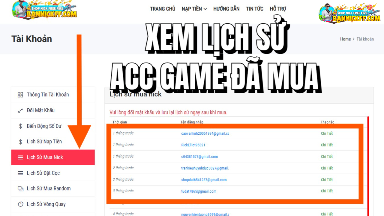hướng dẫn xem th&ocirc;ng tin nick đ&atilde; mua