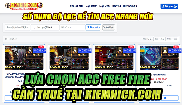 chọn acc free fire cần thuê
