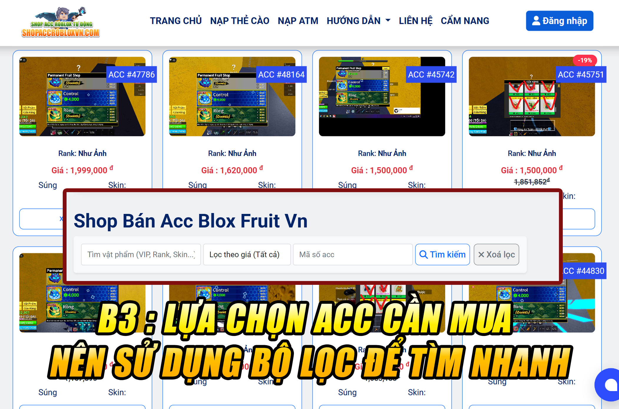 chọn acc blox fruit ưng ý