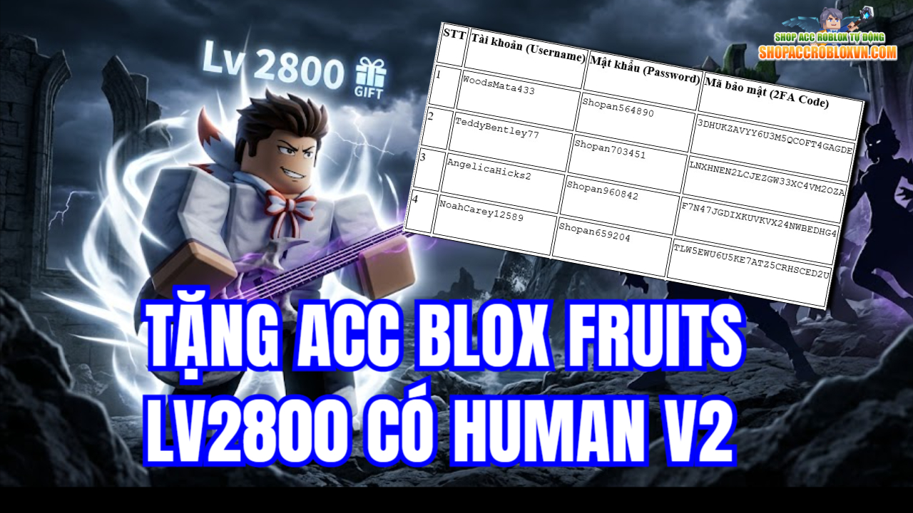 Tặng 100 Acc Blox Fruit Lv2800 Có Human V2 Miễn Phí 2026