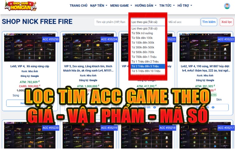 Bước 2: Chọn mã số nick game ưng ý