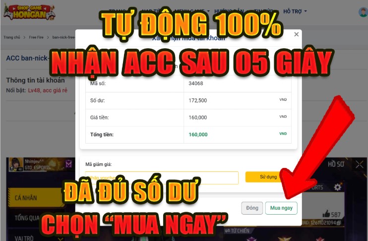 Bước 3: Thanh toán & Nhận Acc sau 5 giây