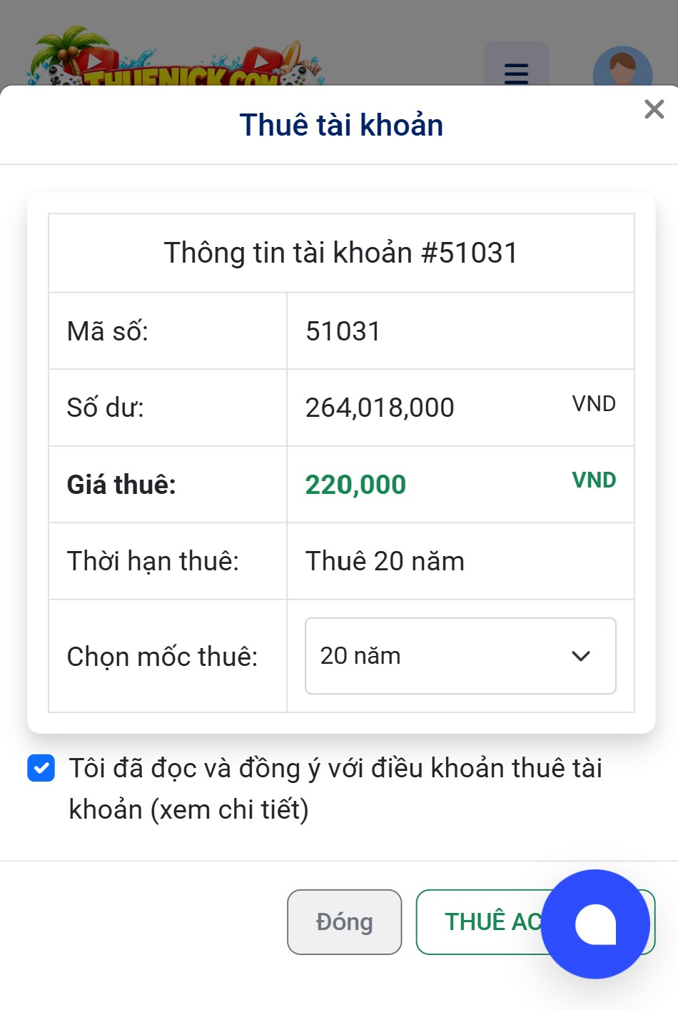 đồng &yacute; ch&iacute;nh s&aacute;ch thu&ecirc; của thuenick.com
