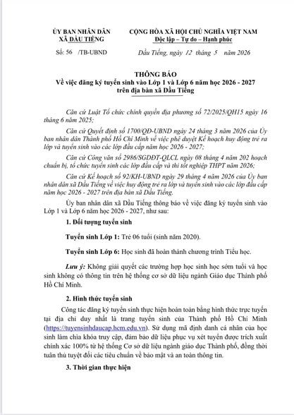 Thông báo về việc tuyển sinh vào Lớp 1 và Lớp 6 năm học 2026 - 2027