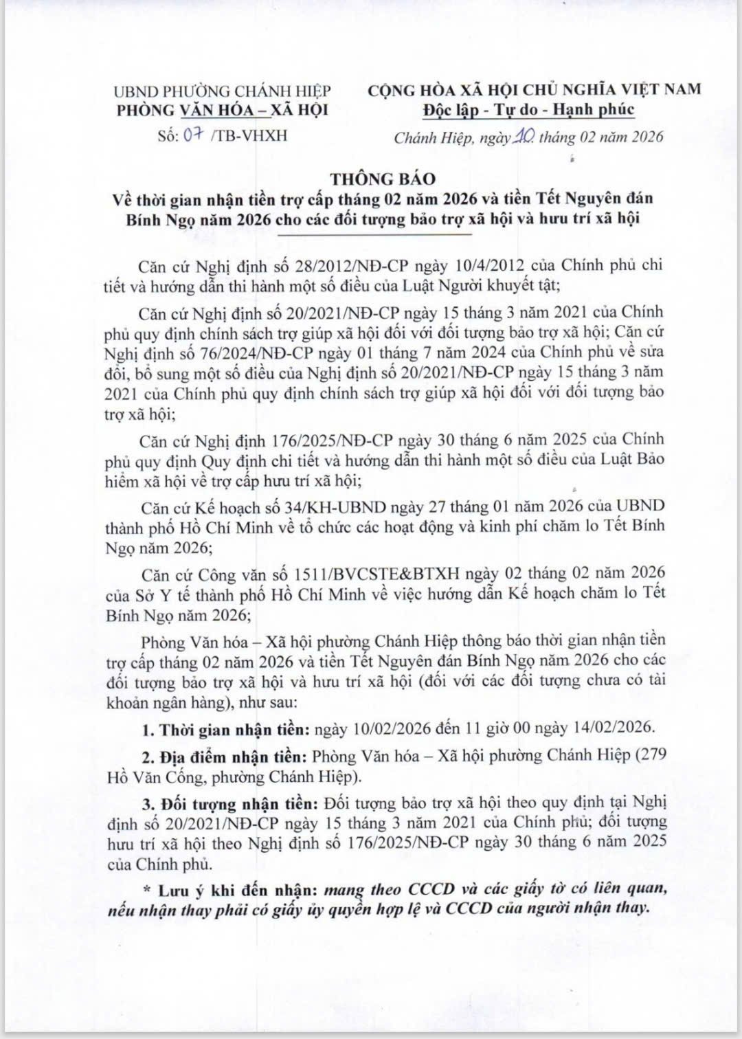 THÔNG BÁO VỀ THỜI GIAN NHẬN TIỀN TRỢ CẤP THÁNG 02 NĂM 2026 VÀ TIỀN TẾT NGUYÊN ĐÁN BÍNH NGỌ NĂM 2026 CHO CÁC ĐỐI TƯỢNG BẢO TRỢ XÃ HỘI VÀ HƯU TRÍ XÃ HỘI