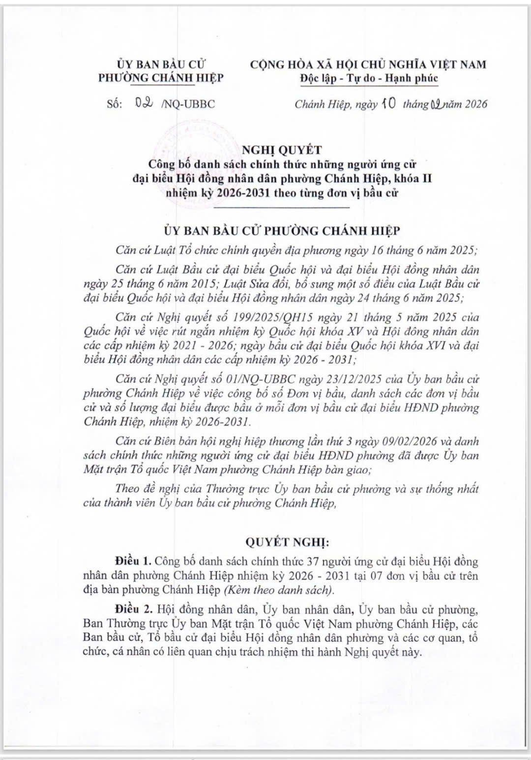 PHƯỜNG CHÁNH HIỆP CÔNG BỐ DANH SÁCH CHÍNH THỨC NHỮNG NGƯỜI ỨNG CỬ ĐẠI BIỂU HĐND PHƯỜNG KHÓA II, NHIỆM KỲ 2026-2031