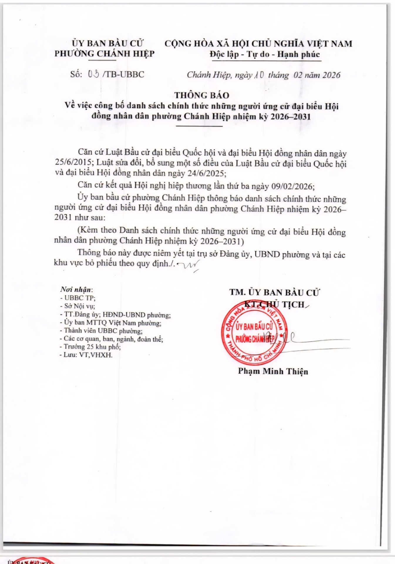 PHƯỜNG CHÁNH HIỆP THÔNG BÁO VỀ VIỆC CÔNG BỐ DANH SÁCH CHÍNH THỨC NHỮNG NGƯỜI ỨNG CỬ ĐẠI BIỂU HỘI ĐỒNG NHÂN DÂN PHƯỜNG CHÁNH HIỆP NHIỆM KỲ 2026-2031