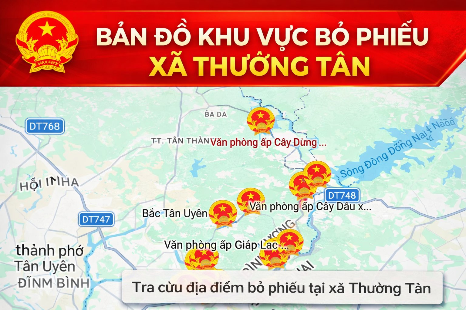Bản đồ số giúp cử tri dễ dàng tìm đến đúng địa điểm bỏ phiếu trên địa bàn xã Thường Tân