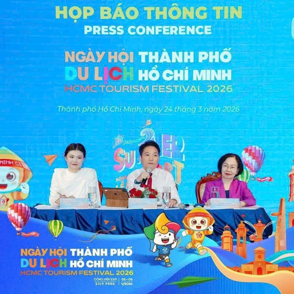 C&oacute; thể l&agrave; h&igrave;nh ảnh về văn bản cho biết 'HỌP B&Aacute;O TH&Ocirc;NG TIN PRESS CONFERENCE NG&Agrave;Y OI TH&Agrave;NH PHỐ DU LIC H HỒ CH&Iacute; MIN HCMC TOURISM FESTIVAL 2026 Th&agrave;nh phố phốH Hỏ ChiMinh, Chi ng&agrave;y 24 th&aacute;ng năm 2026 INH CT SU 50 ने oT NG&Agrave;Y HOI TH&Agrave;NH PHỐ DULICH H HỒ CH&Iacute; MINH HCMC HC MC TOURISM FESTIVAL 2026 C&Ocirc;NG.UIL 42319 2319 PARK 4/2026'