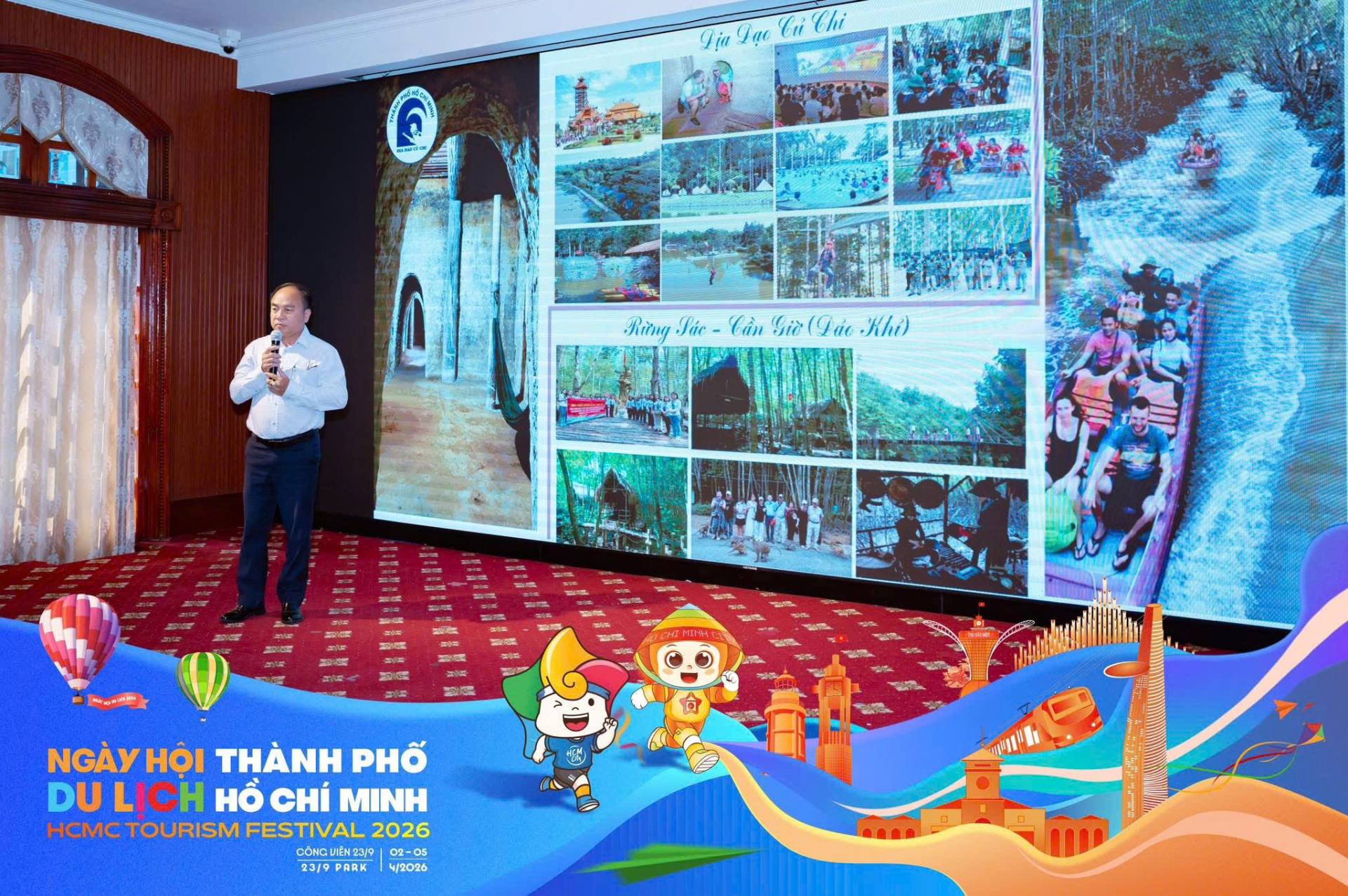 C&oacute; thể l&agrave; h&igrave;nh ảnh về TV v&agrave; văn bản cho biết 'Địa Đạc Củ Chi Pừng S&aacute;c Cần Giờ (ĐKhi) (Đảo Khi) 2茶 PD APH NG&Agrave;Y HỘI TH&Agrave;NH PHỐ DU LICH HỒ CH&Iacute; MINH HCMC TOURISM FESTIVAL 2026 cHcu -22/101 02-05 2319 PARK 4/2026 IA 1"h 볶방보'