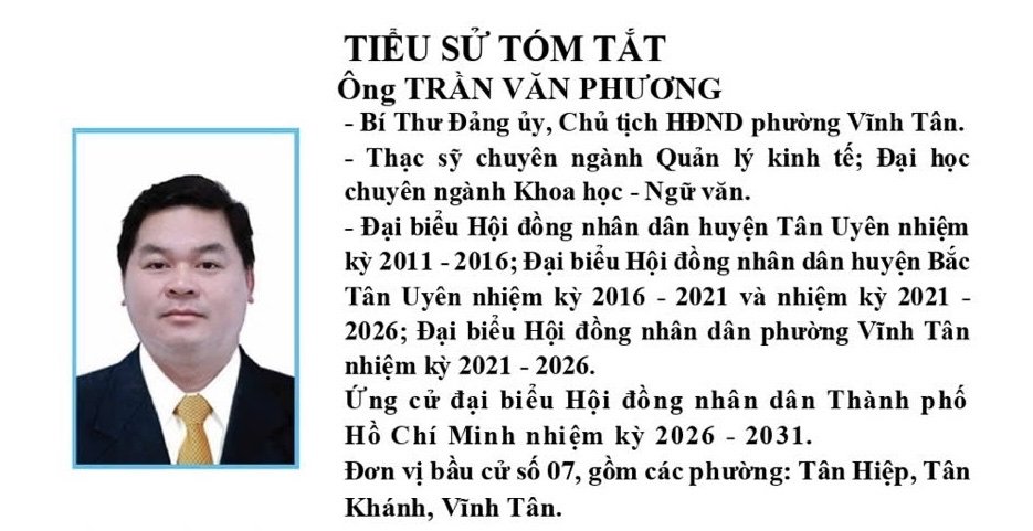 TRÂN TRỌNG GIỚI THIỆU QUÝ CỬ TRI TÓM TẮT TIỂU SỬ VÀ CHƯƠNG TRÌNH HÀNH ĐỘNG ÔNG TRẦN VĂN PHƯƠNG ỨNG CỬ ĐẠI BIỂU HỘI ĐỒNG NHÂN DÂN TP. HỒ CHÍ MINH KHÓA XI NHIỆM KỲ 2026 - 2031