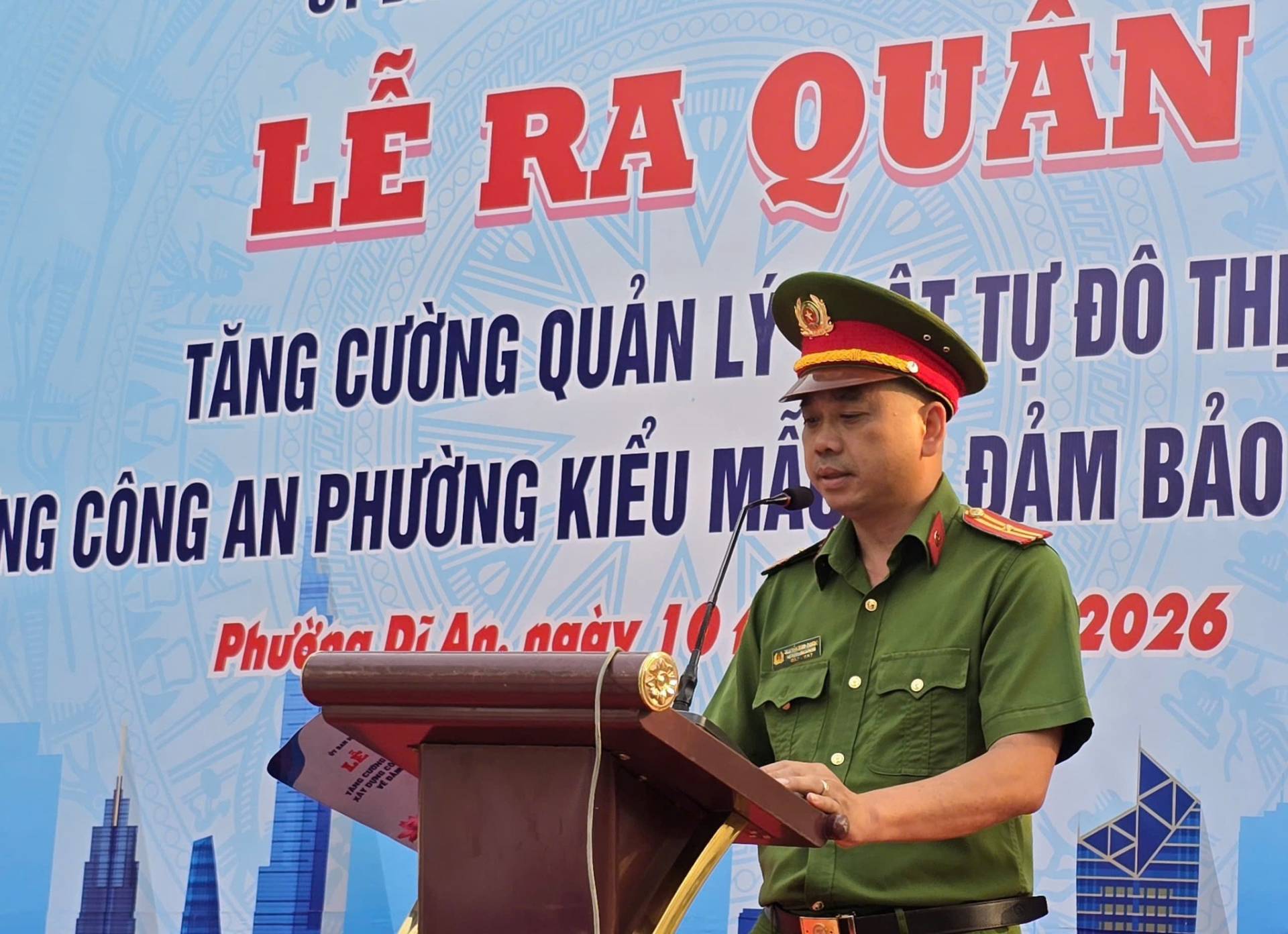 C&oacute; thể l&agrave; h&igrave;nh ảnh về văn bản cho biết 'LỄ RA QUAN AT TỰ Đ&Ocirc; TH TĂNG CƯỜNG QUẢN L&Yacute; G C&Ocirc;NG AN PHƯỞNG KIỂU M&Acirc; ĐAM B&Aacute;O Phưởan Di An. &pi;&alpha;ά&nu; . 10 2026'