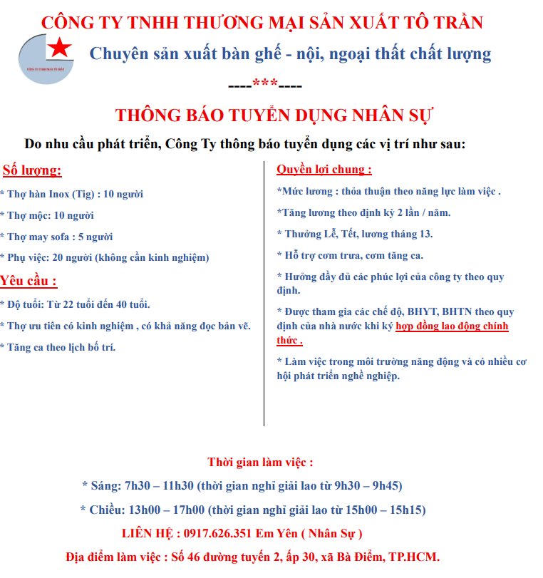 Công ty TNHH TM-SX TÔ TRẦN thông báo tuyển dụng