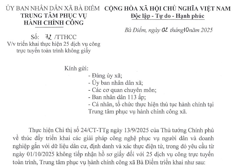 Triển khai thực hiện 25 dịch vụ công toàn trình không giấy