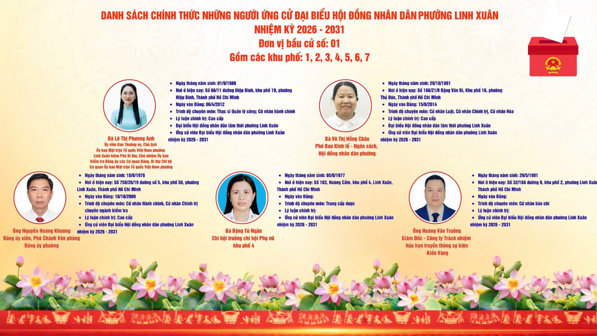 DANH SÁCH CHÍNH THỨC NHỮNG NGƯỜI ỨNG CỬ ĐẠI BIỂU HỘI ĐỒNG NHÂN DÂN PHƯỜNG LINH XUÂN, NHIỆM KỲ 2026 - 2031 TẠI CÁC ĐƠN VỊ BẦU CỬ