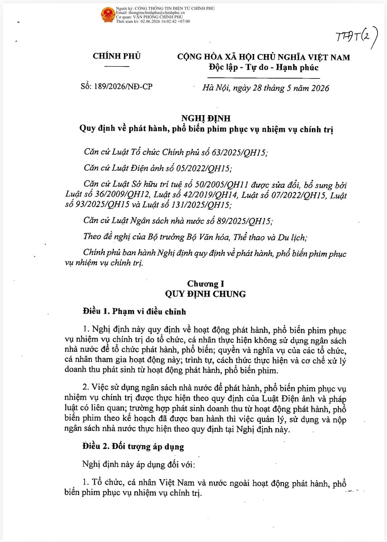 Nghị định số 189/2026/NĐ-CP ngày 28 tháng 5 năm 2026 của Chính phủ quy định về phát hành, phổ biến phim phục vụ nhiệm vụ chính trị