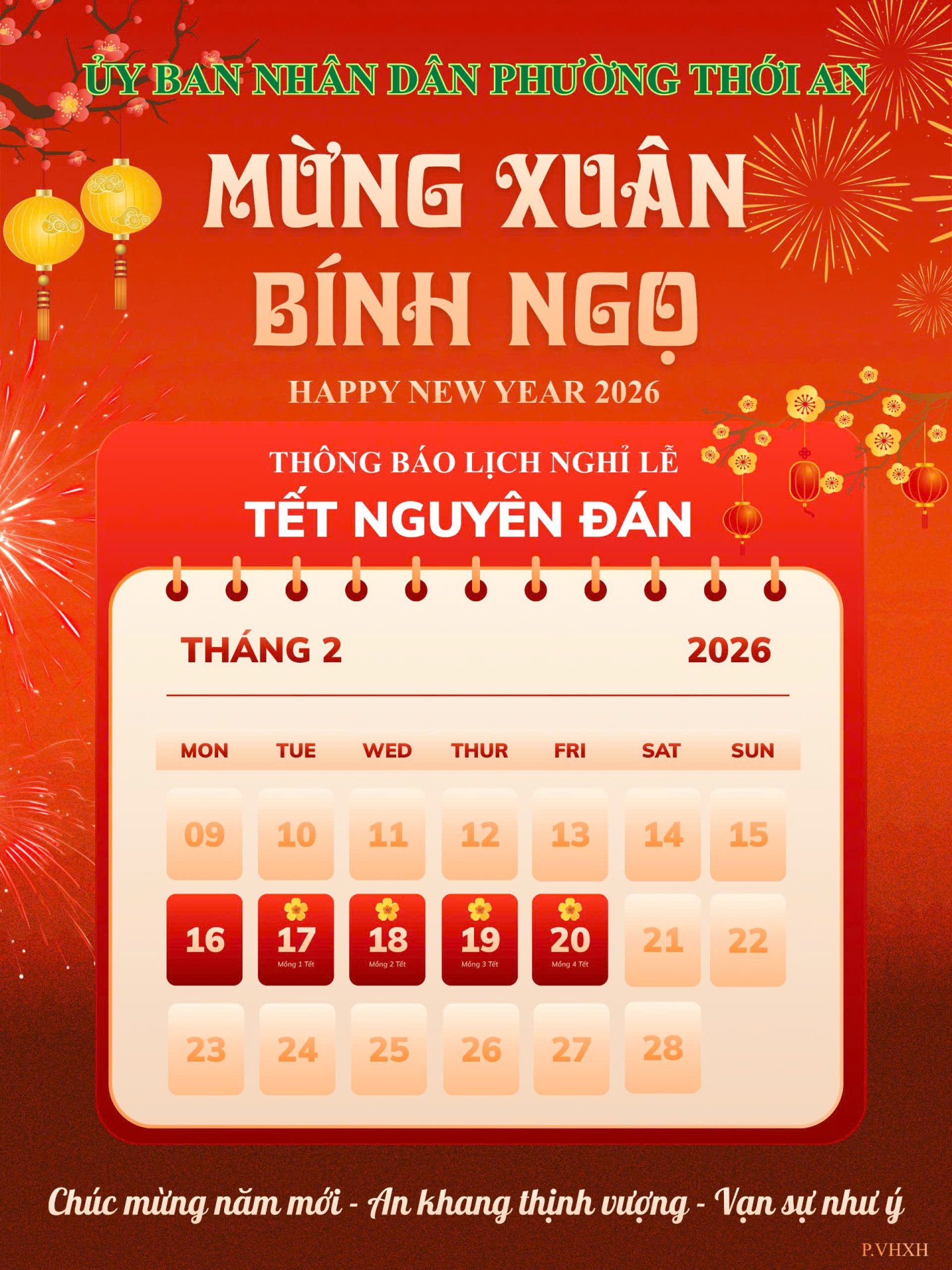 ỦY BAN NHÂN DÂN PHƯỜNG THỚI AN THÔNG BÁO VỀ TREO CỜ TỔ QUỐC VÀ NGHỈ TẾT ÂM LỊCH NĂM 2026