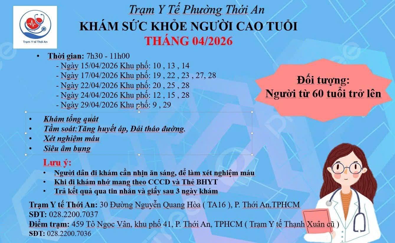 LỊCH KHÁM SỨC KHỎE NGƯỜI CAO TUỔI THÁNG 4 NĂM 2026