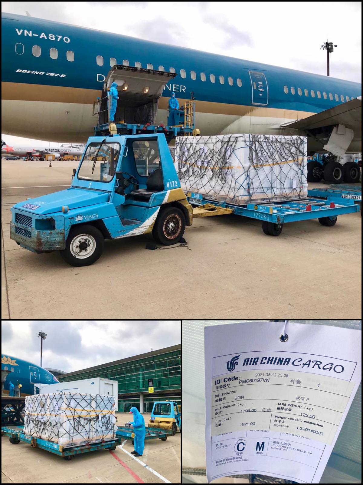 VIAGS TSN PHỤC VỤ THÀNH CÔNG CHUYẾN BAY VN5515 NGÀY 14/8/2021 VẬN CHUYỂN 10 MÂM HÀNG PMC CHẤT CÁC LÔ VẮC XIN SINOPHARM TỪ BẮC KINH ĐẾN TPHCM