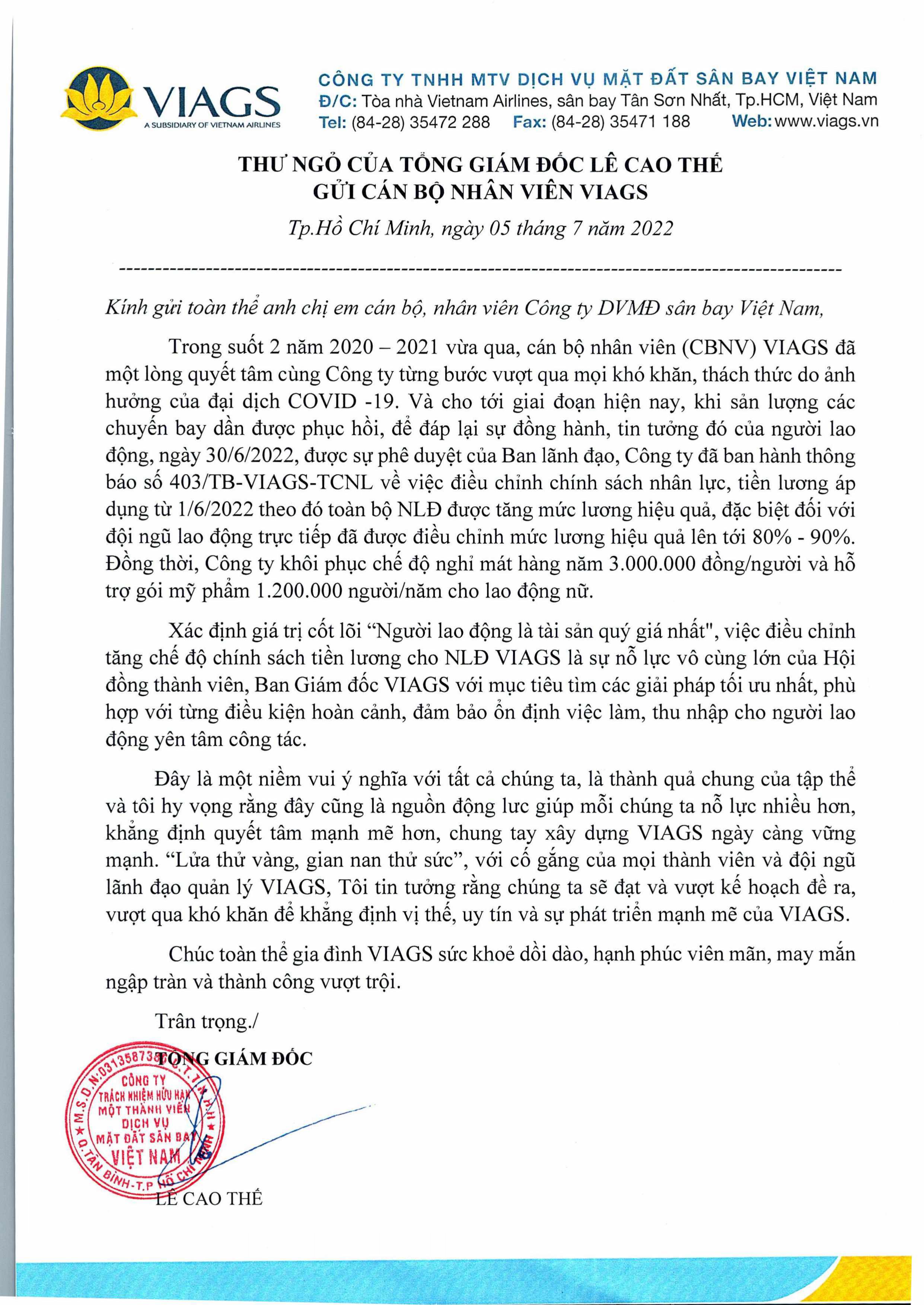 THƯ NGỎ CỦA TỔNG GIÁM ĐỐC LÊ CAO THẾ GỬI CÁN BỘ NHÂN VIÊN VIAGS
