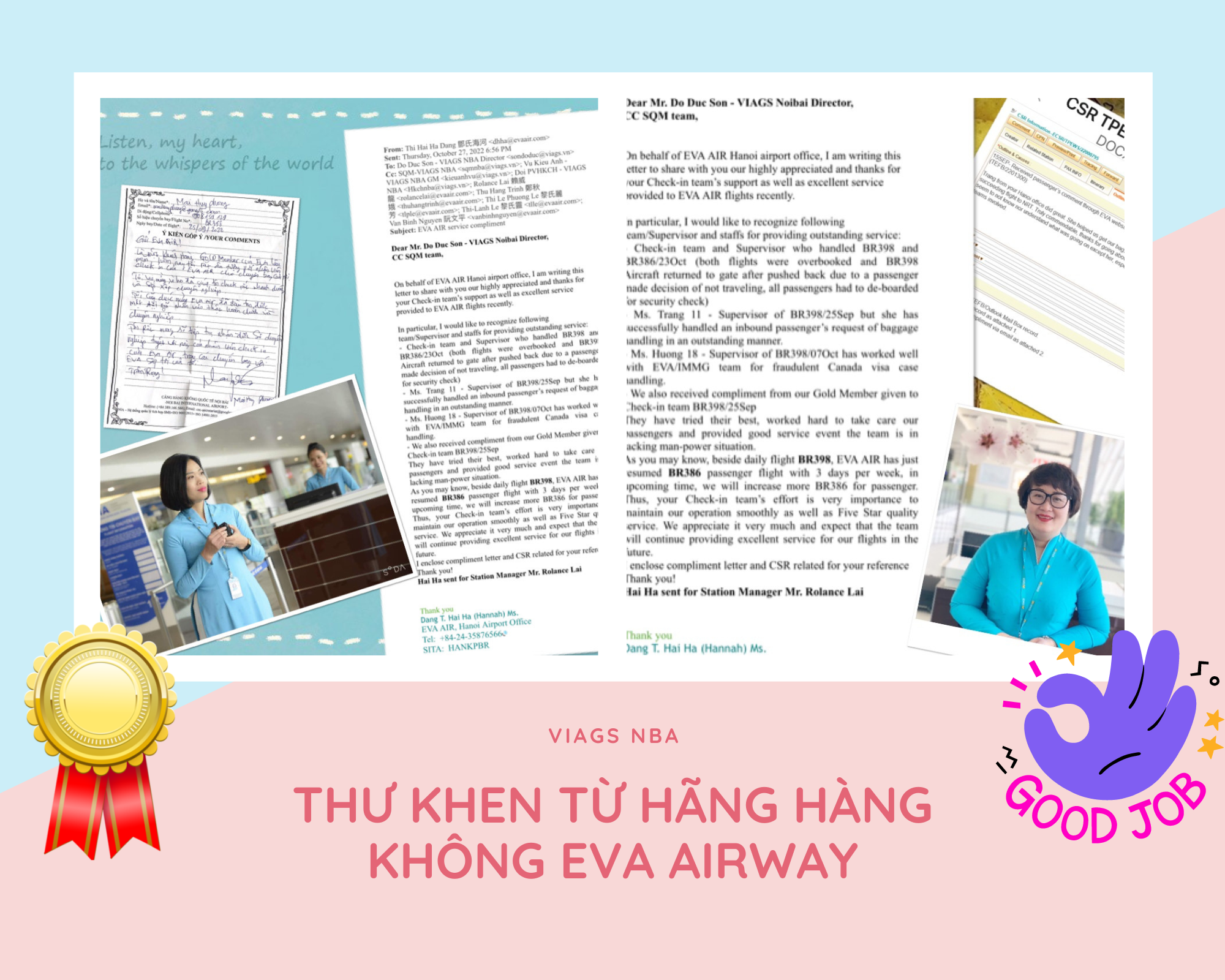 ĐỘI PVHK QT 1 NHẬN ĐƯỢC BỨC THƯ KHEN TỪ ĐẠI DIỆN HÃNG HÀNG KHÔNG EVA AIRWAY