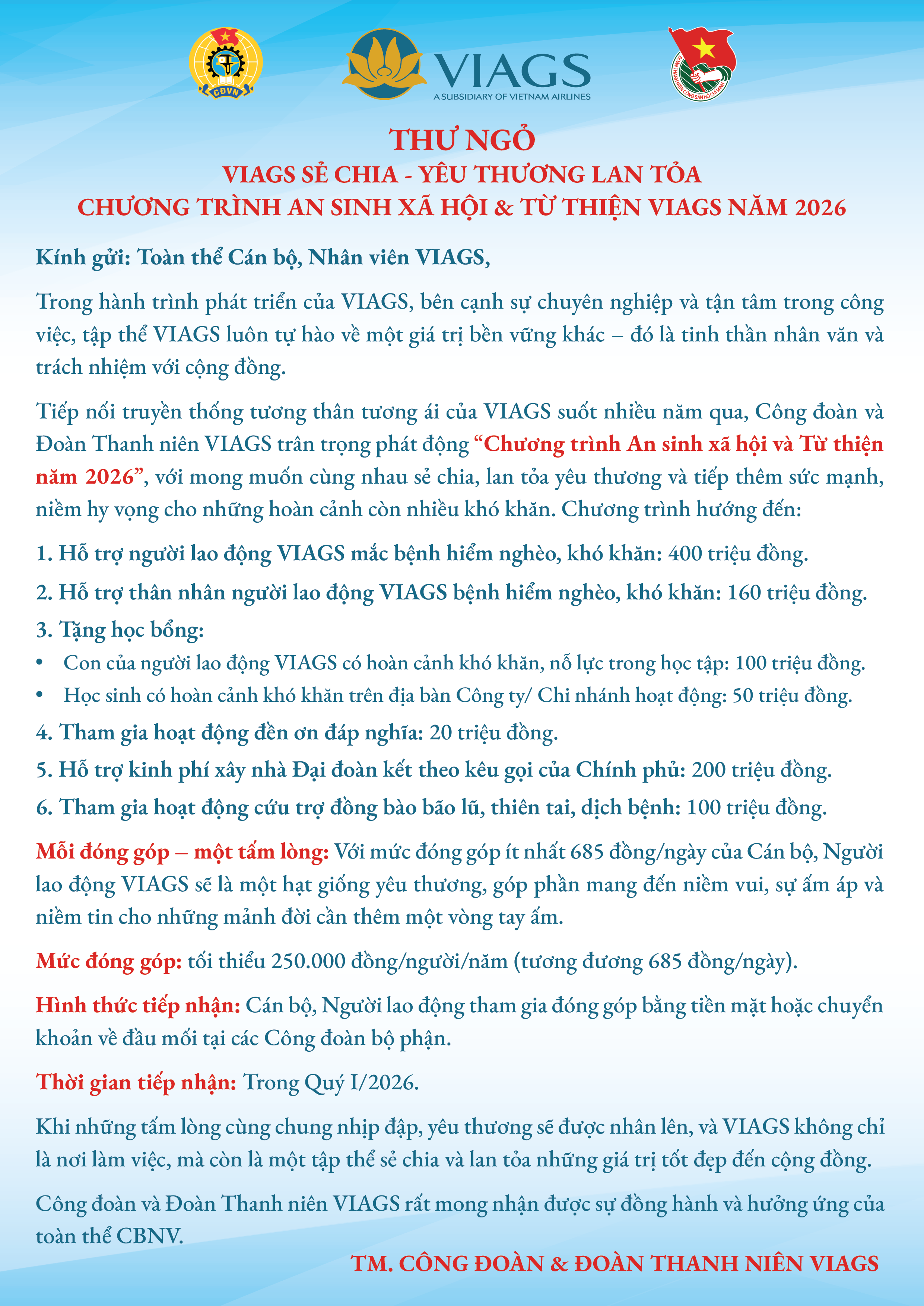 THƯ NGỎ: VIAGS SẺ CHIA - YÊU THƯƠNG LAN TỎA - CHƯƠNG TRÌNH AN SINH XÃ HỘI VÀ TỪ THIỆN NĂM 2026