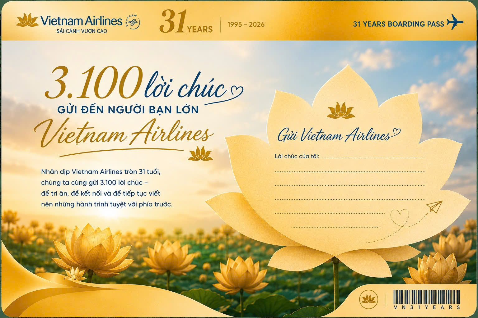 31 NĂM CẤT CÁNH TỰ HÀO – CÙNG VIẾT NÊN “3.100 LỜI CHÚC” DÀNH TẶNG VIETNAM AIRLINES!